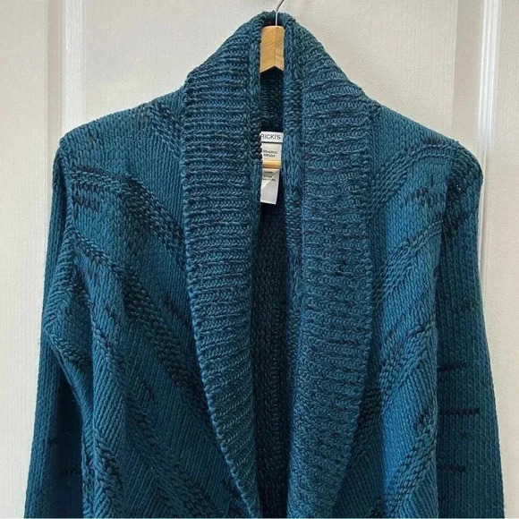 Ricki’s Circle Cardigan Open Front Draped Collar Sweater Teal Green Black Small - Picture 4 of 11
